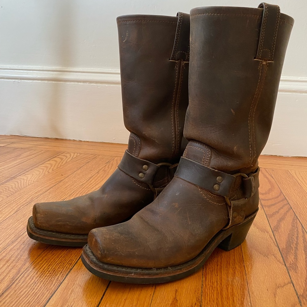 Classic Frye Dark Brown Leather Western Harness Boots